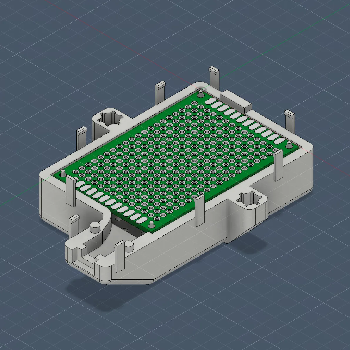 Fusion 360 model of a 3D-printable flight simulator light controller enclosure with the circuit board mounted inside